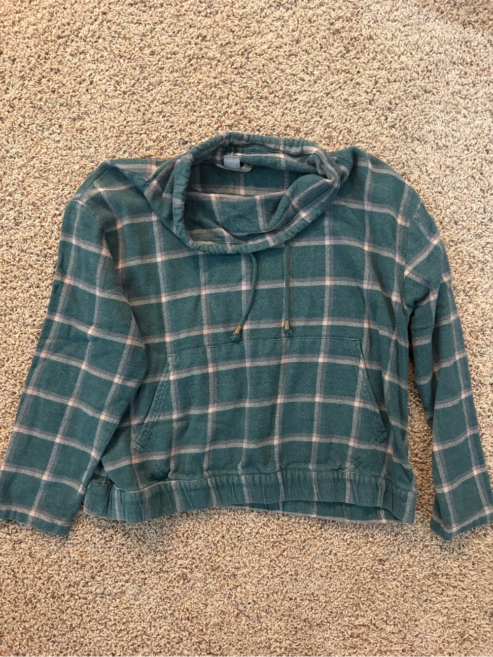 Plaid Cowl-Neck Pull-On Sweater Hoodie - Green